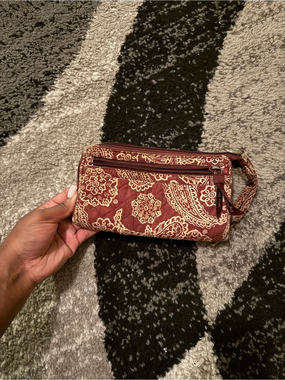Vera Bradley Burgundy and Cream Paisley Quilted Wristlet with TM Logo